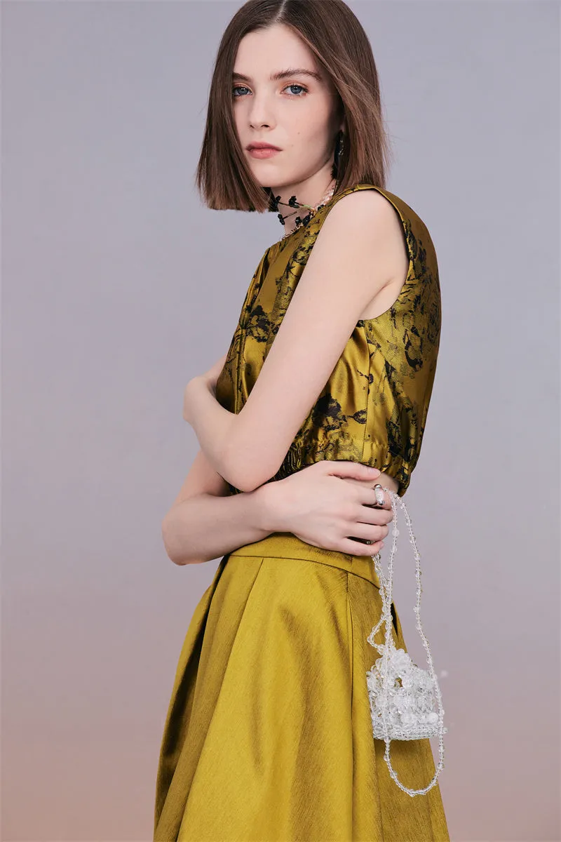 PURITY  Elegant Luxury Vintage gold jacquard sleeveless top and maxi skirt set- Proudy