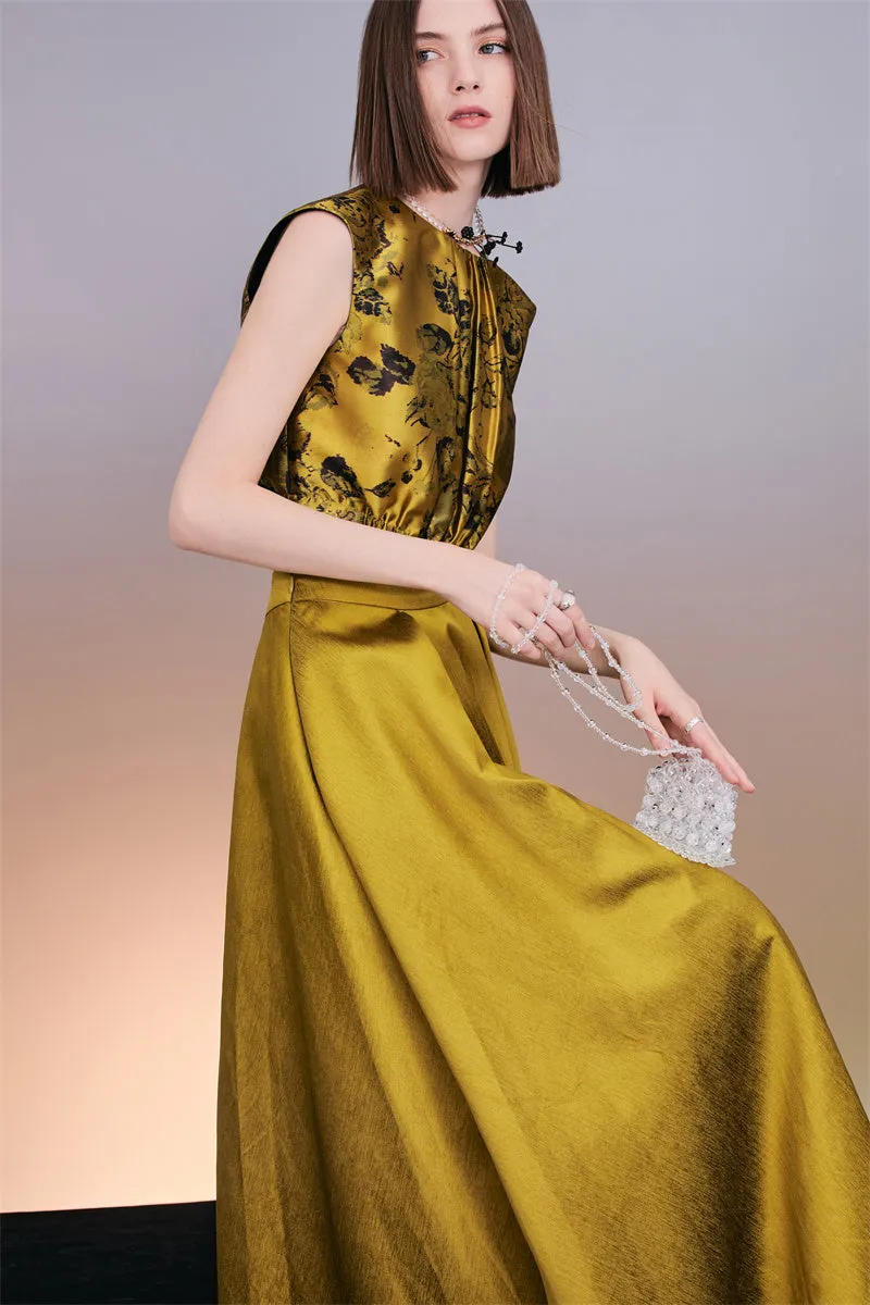 PURITY  Elegant Luxury Vintage gold jacquard sleeveless top and maxi skirt set- Proudy