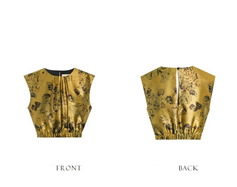 PURITY  Elegant Luxury Vintage gold jacquard sleeveless top and maxi skirt set- Proudy