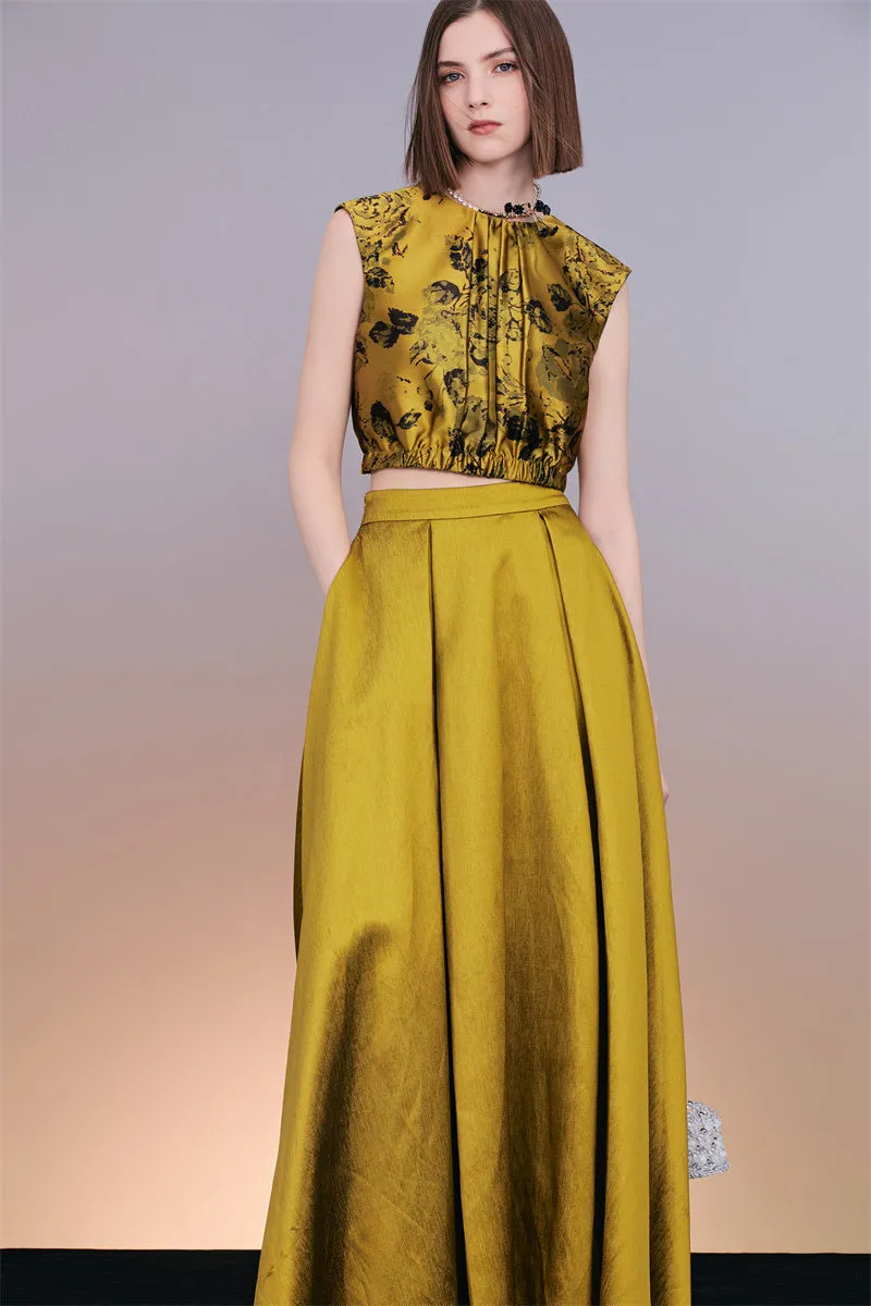 PURITY  Elegant Luxury Vintage gold jacquard sleeveless top and maxi skirt set- Proudy