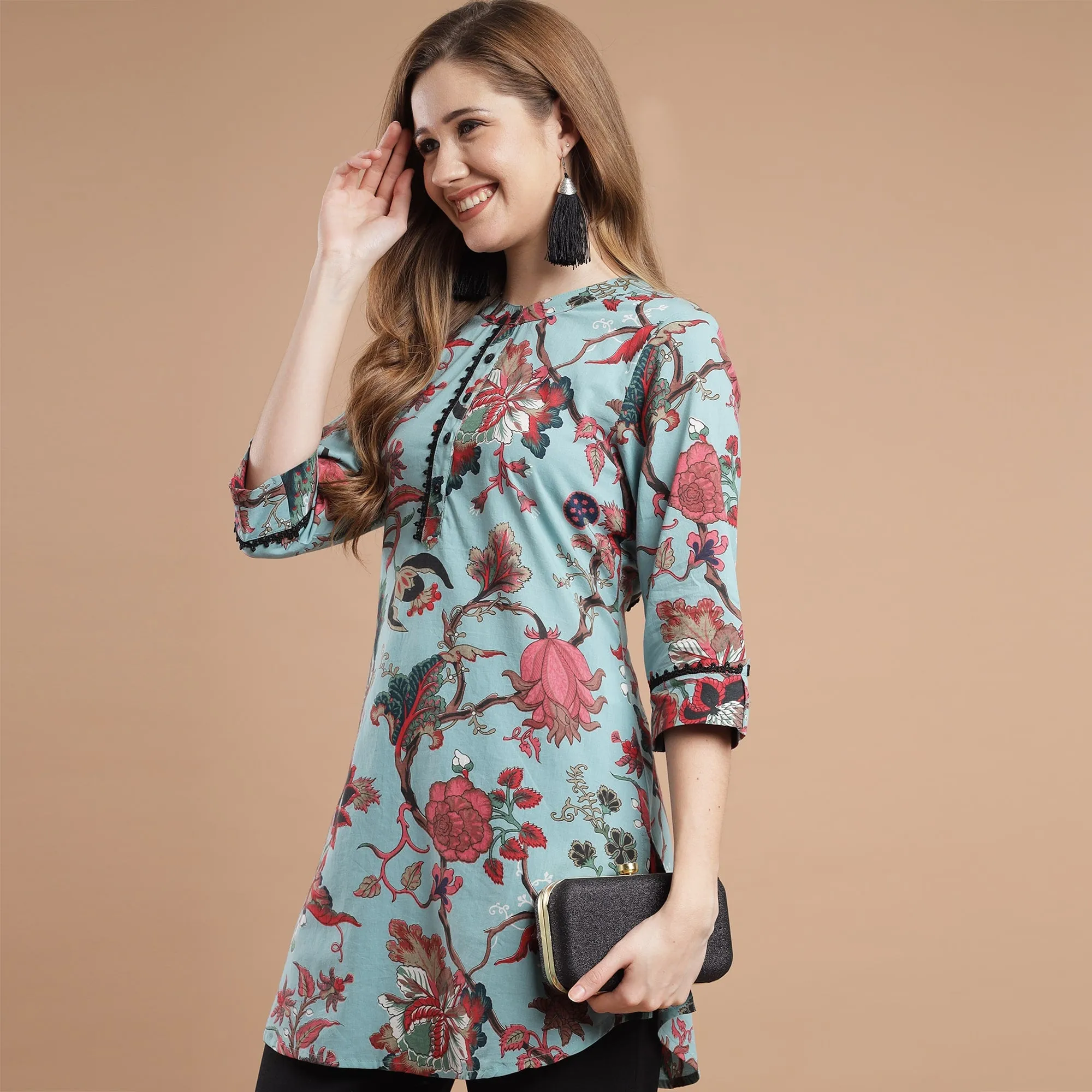 Rang Deep Women Teal Printed Rayon top