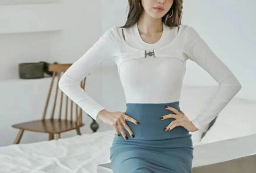 Ribbed Double Layer Sleeves Front Buckle Top
