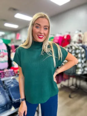 Ribbed knit Short Dolman Sleeves Top Dark Green