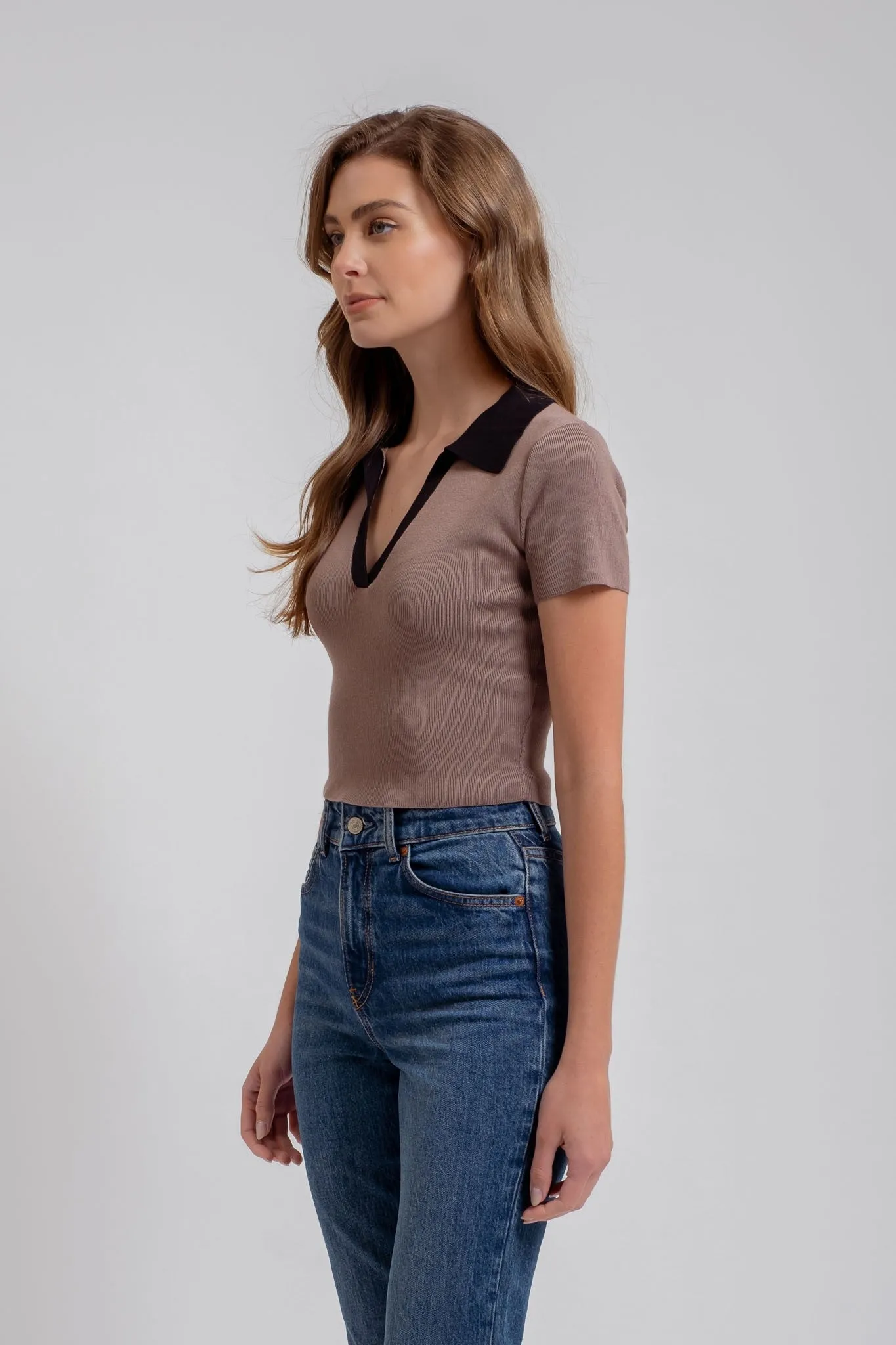 Rosalie Contrast Collared Short Sleeve Sweater Knit Top