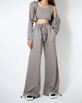Set Of Three : Corset Style Hoodie With Sleeveless Crop Top & Bottom In Mocha