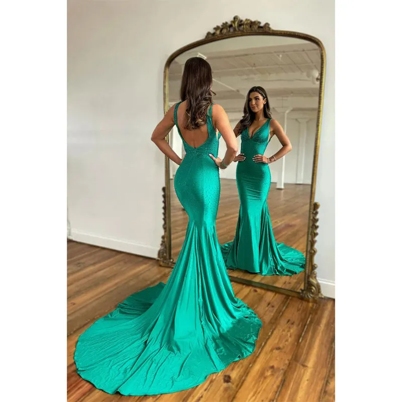 Sexy V Neck Beads Mermaid Prom Dress for Women