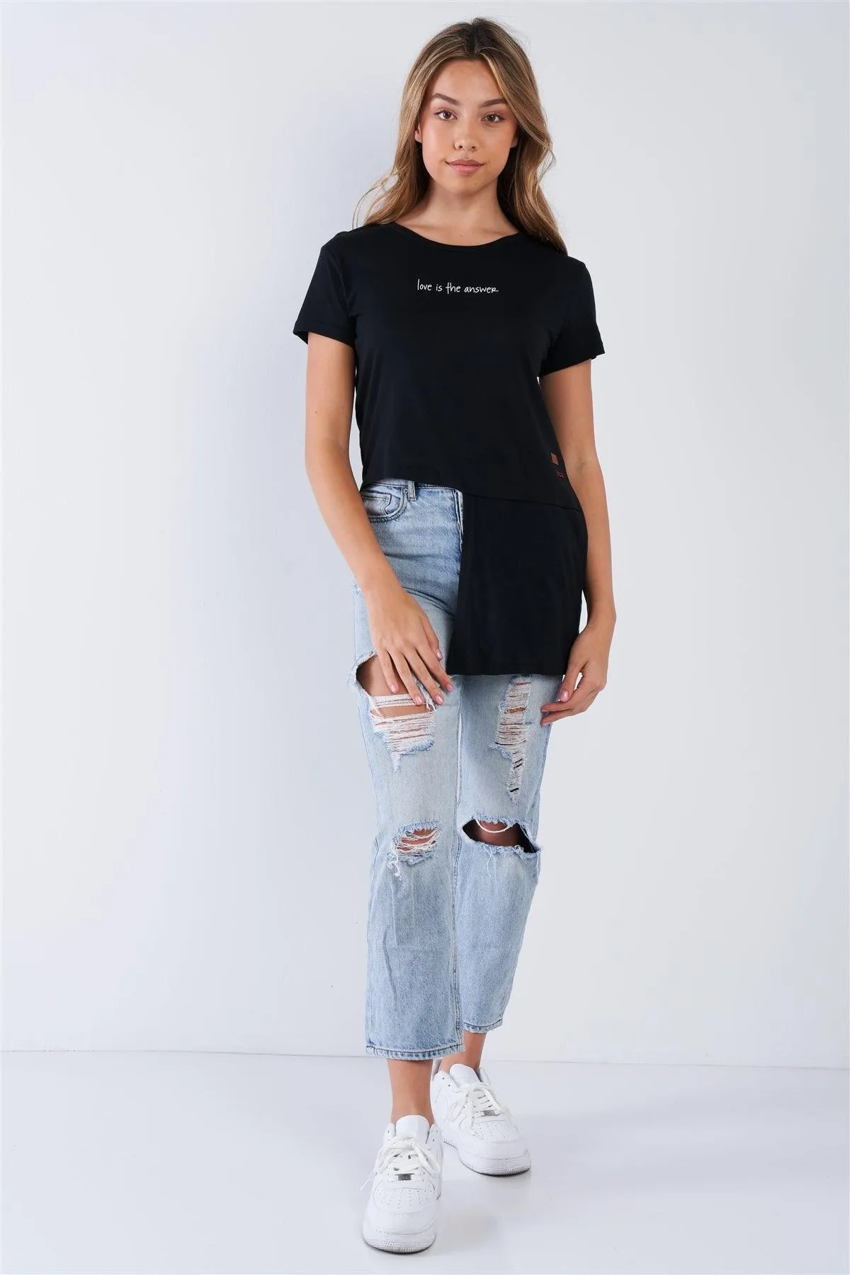 Short Sleeve "Love Is The Answer" Asymmetrical Hem Top