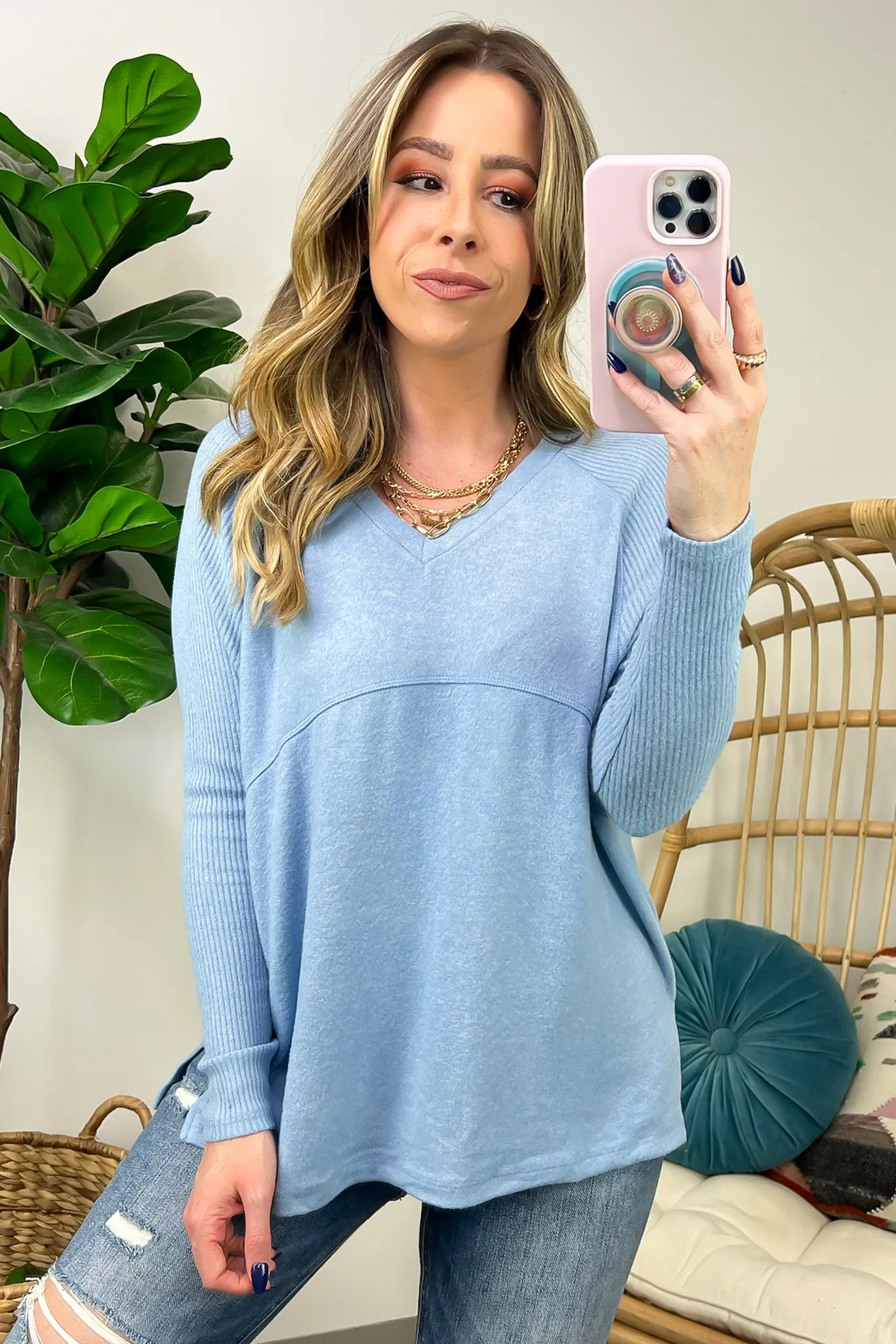 Sierrah V-Neck Soft Ribbed Knit Top - FINAL SALE