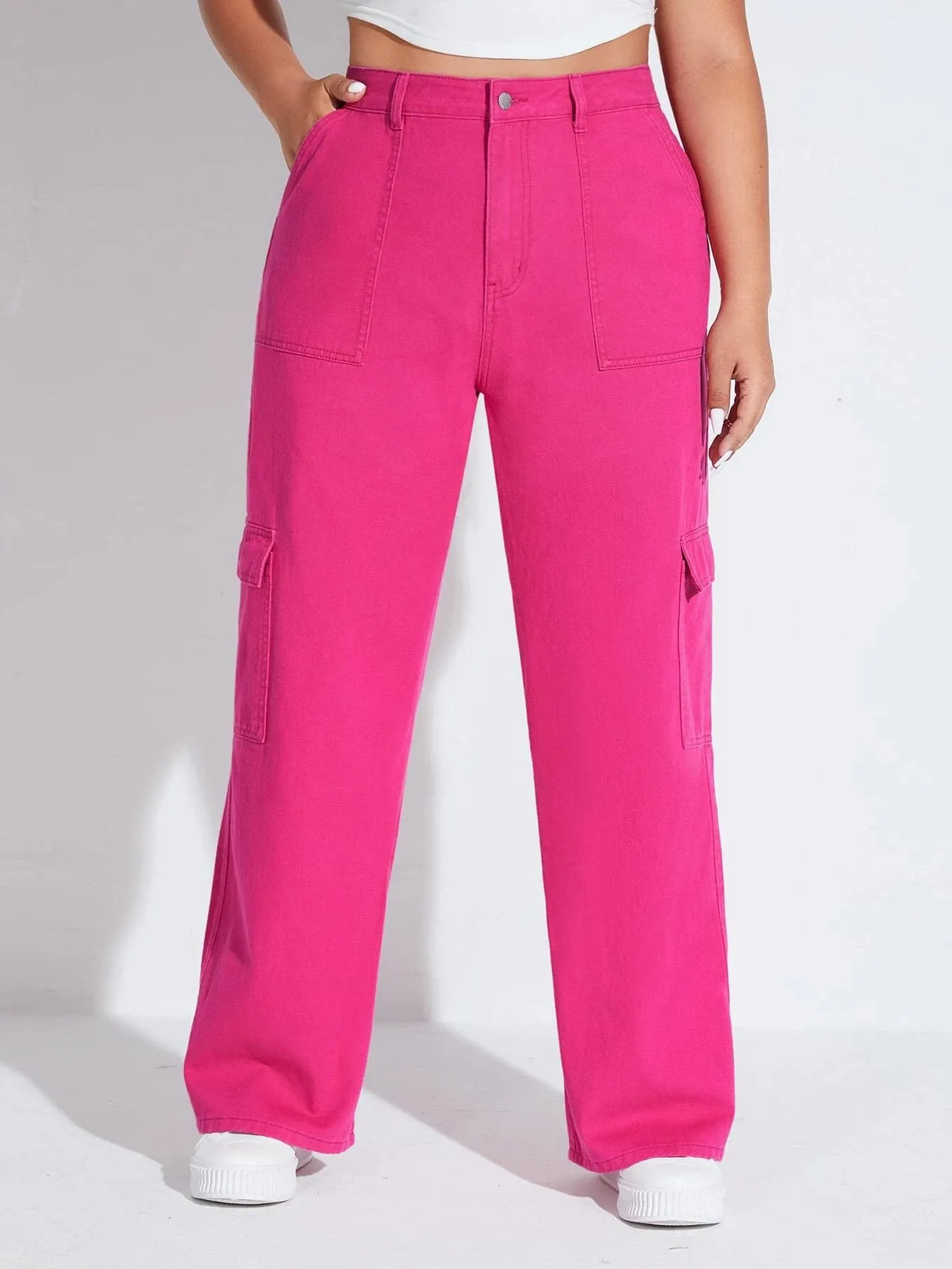 Solid Colored Flap Pocket Cargo Jeans