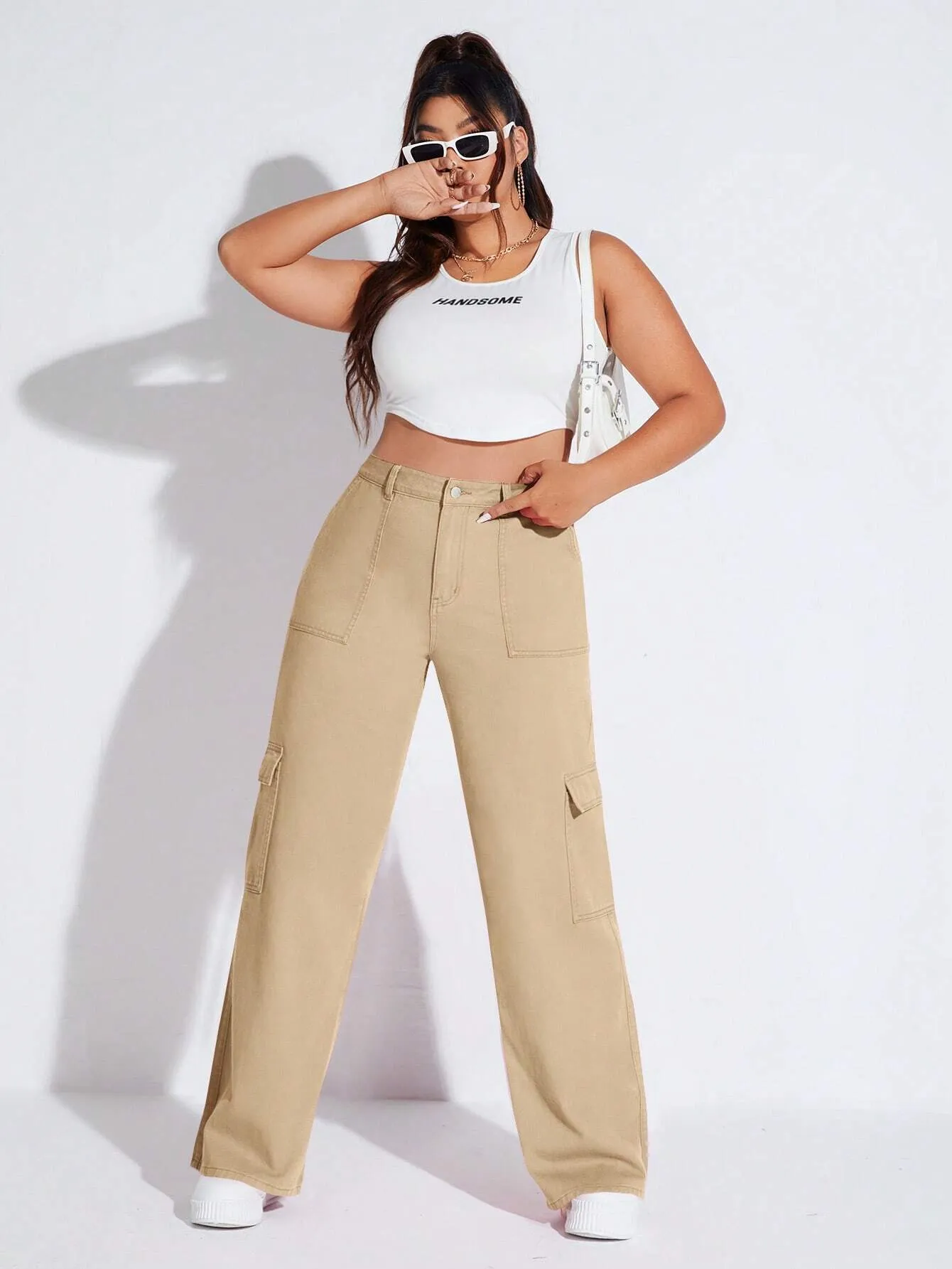 Solid Colored Flap Pocket Cargo Jeans