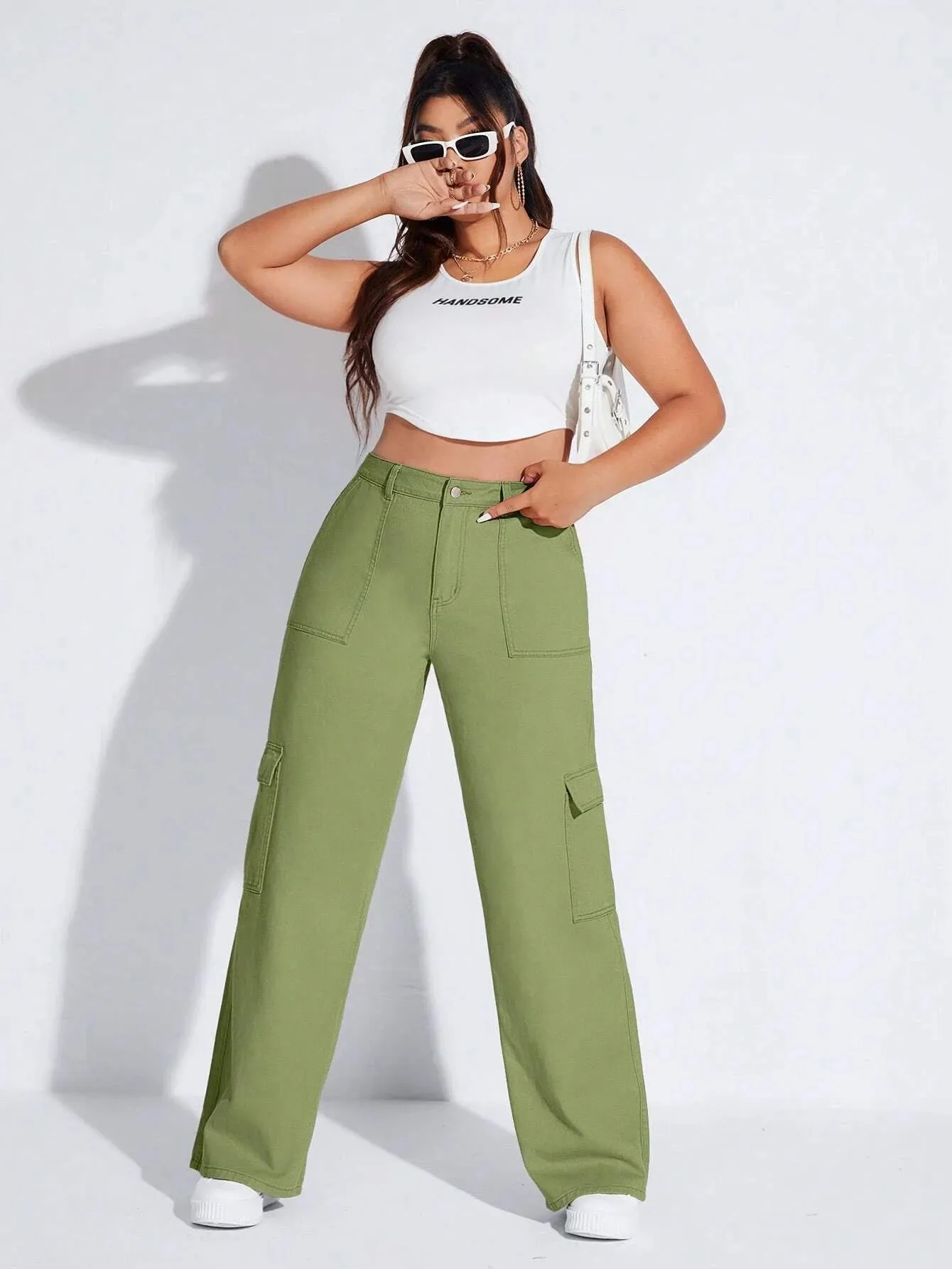 Solid Colored Flap Pocket Cargo Jeans