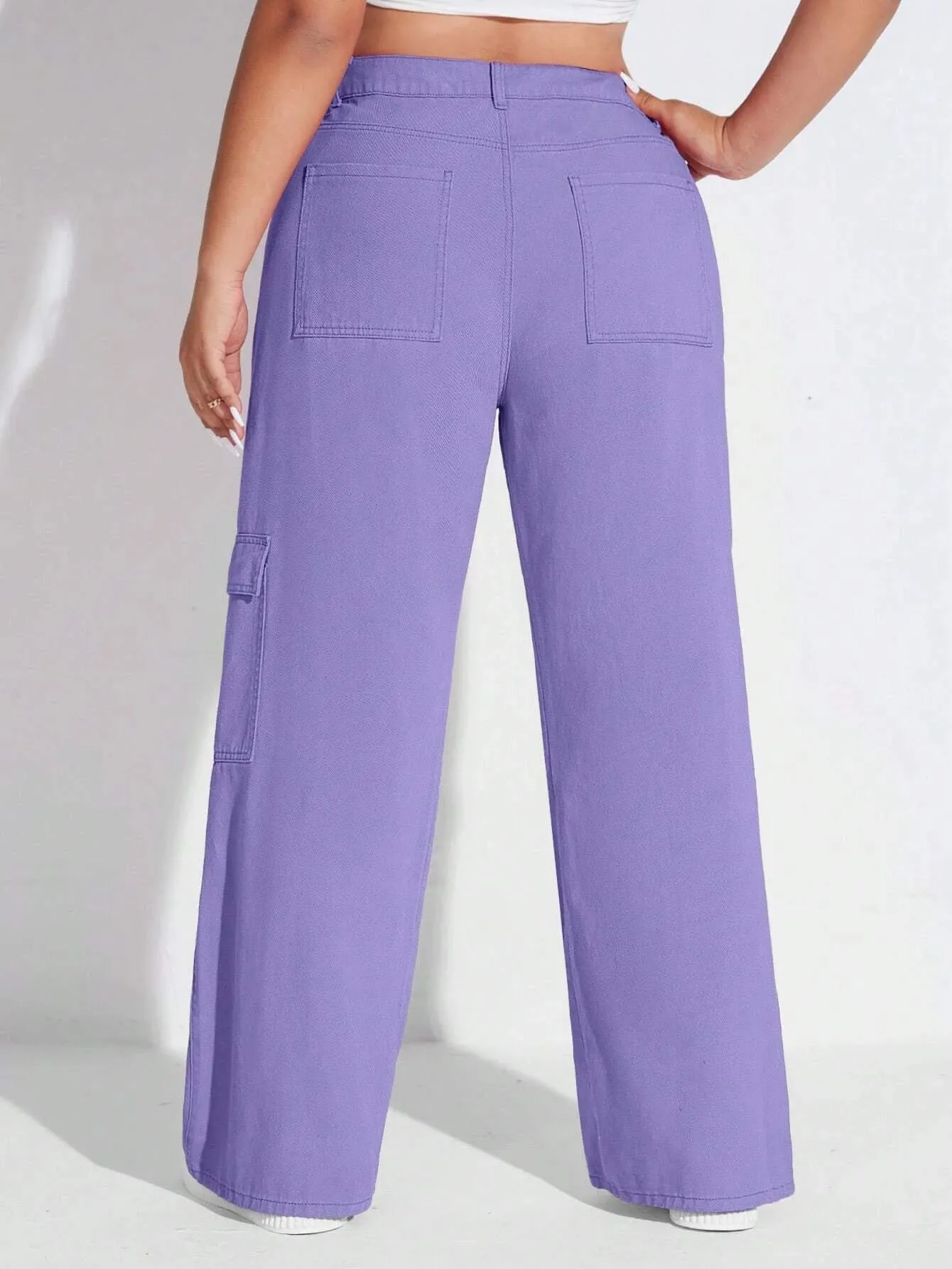 Solid Colored Flap Pocket Cargo Jeans