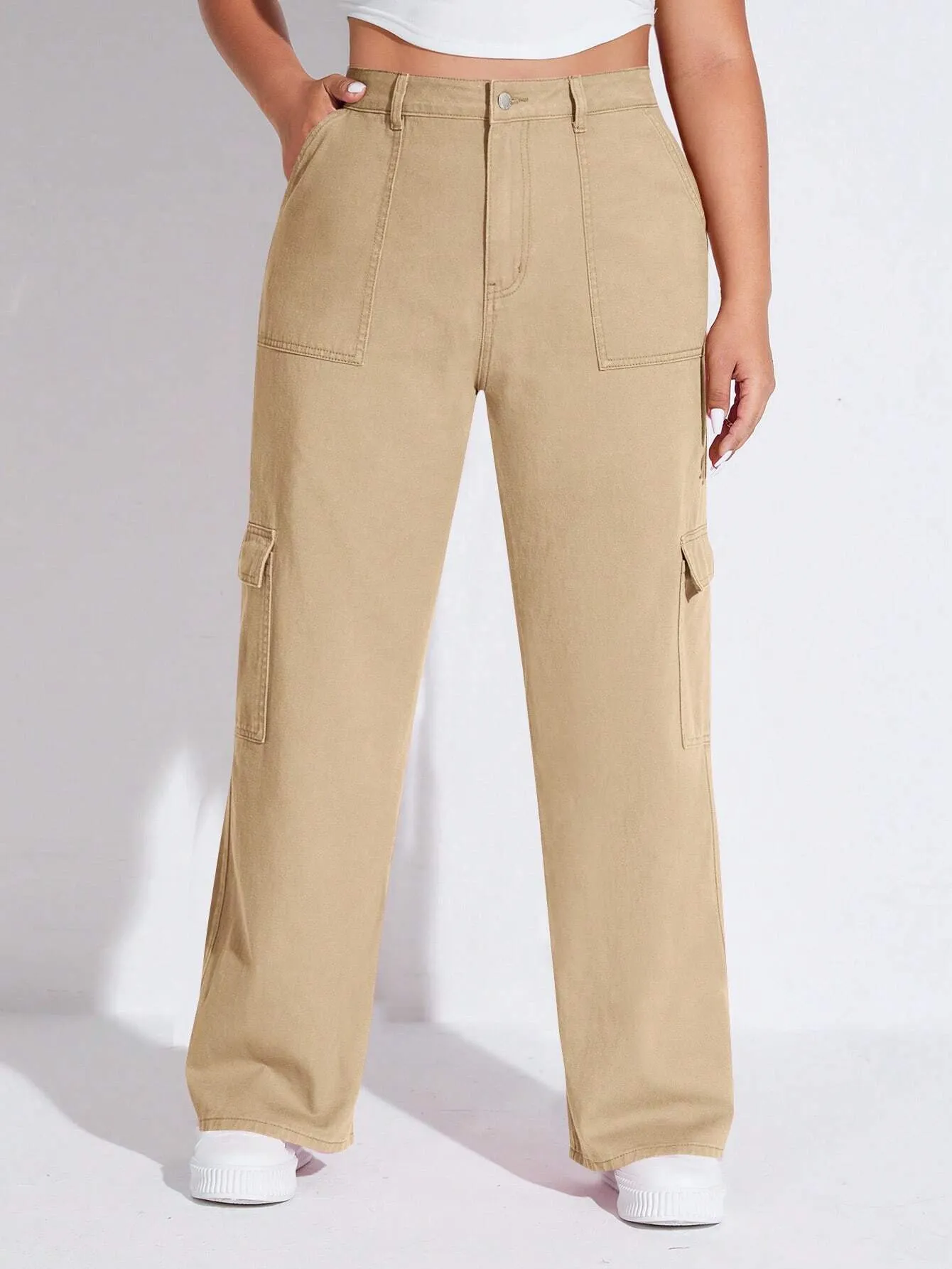 Solid Colored Flap Pocket Cargo Jeans