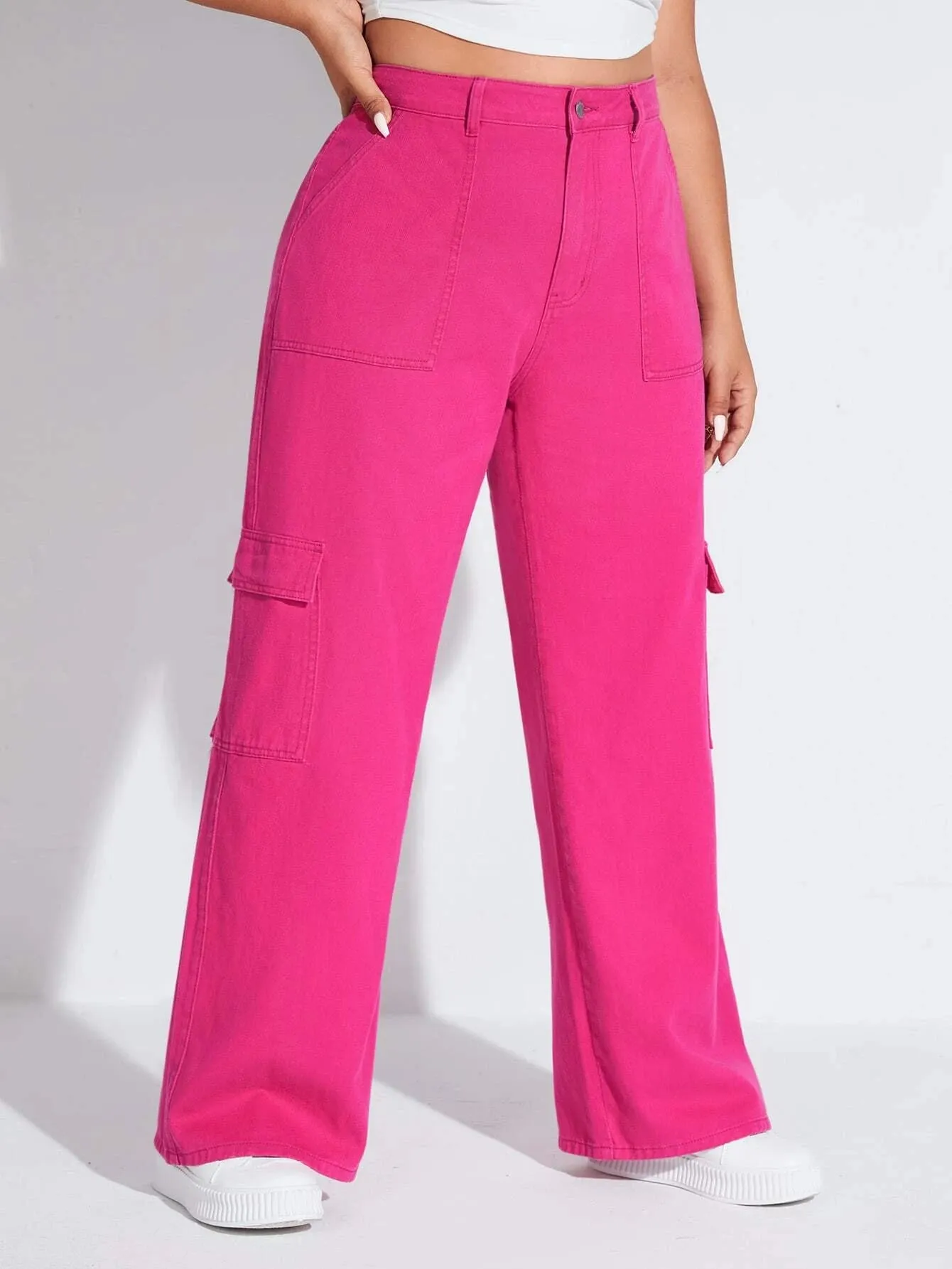 Solid Colored Flap Pocket Cargo Jeans