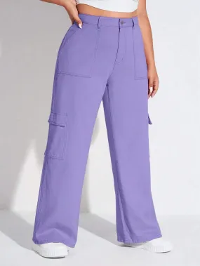 Solid Colored Flap Pocket Cargo Jeans