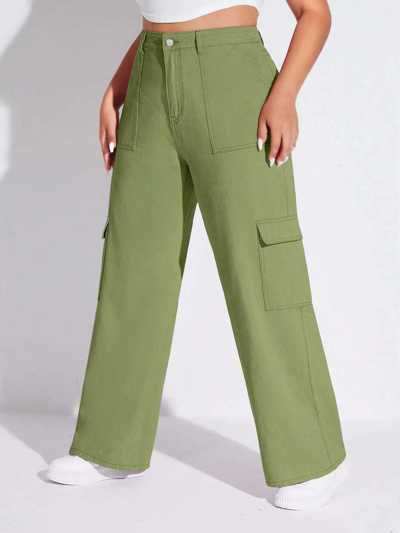 Solid Colored Flap Pocket Cargo Jeans