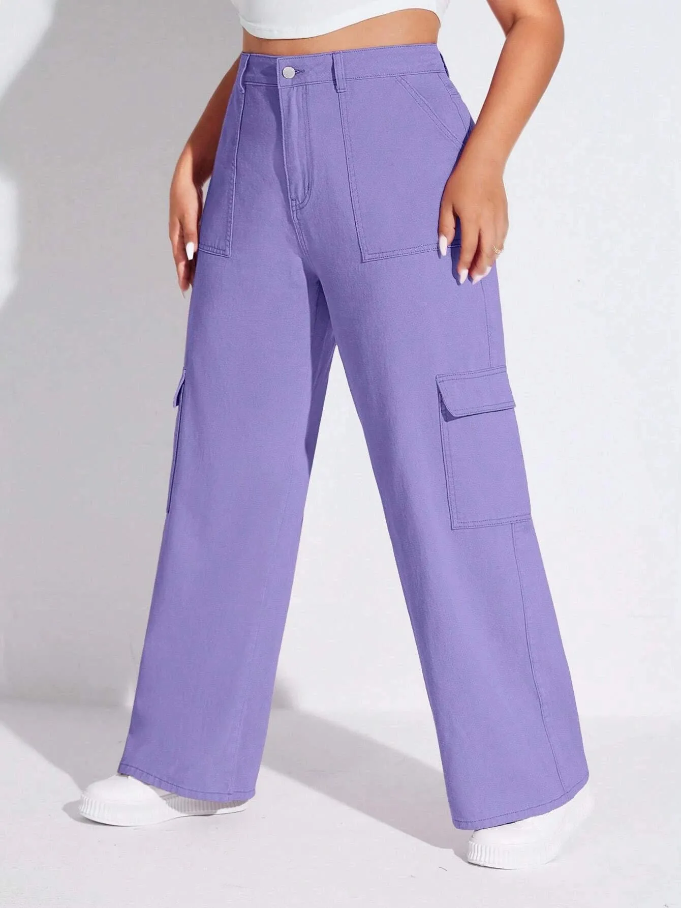 Solid Colored Flap Pocket Cargo Jeans