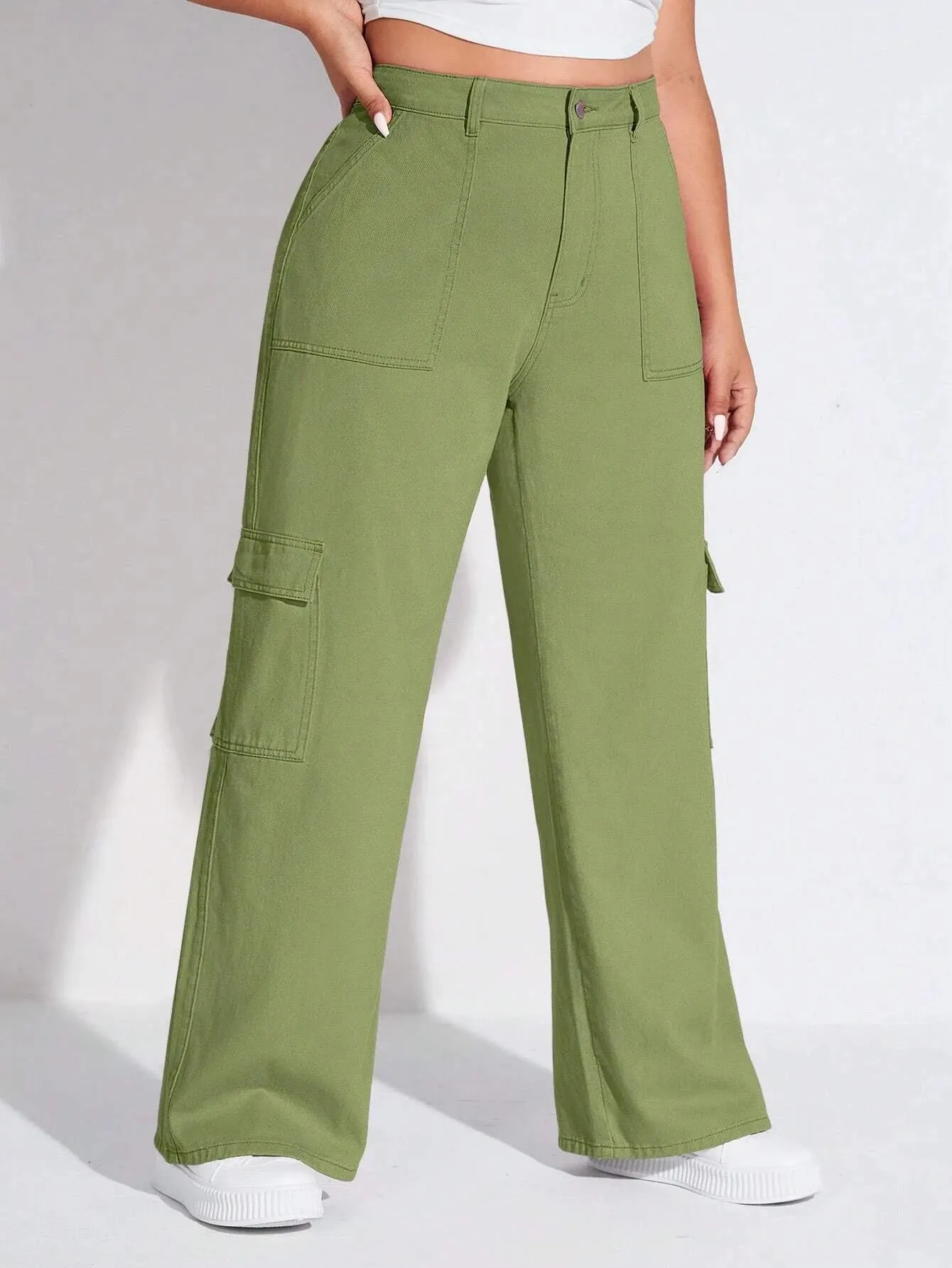 Solid Colored Flap Pocket Cargo Jeans