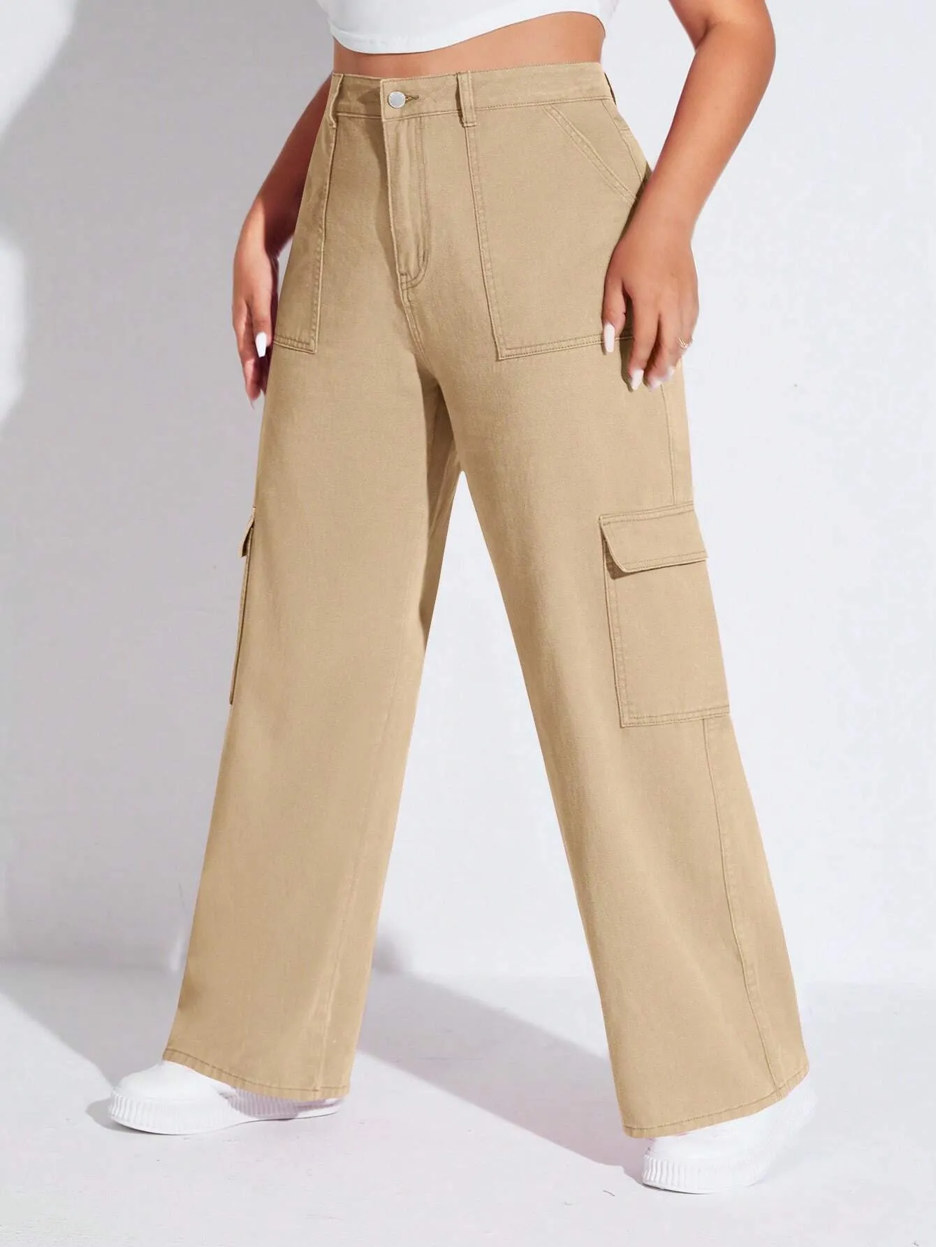 Solid Colored Flap Pocket Cargo Jeans