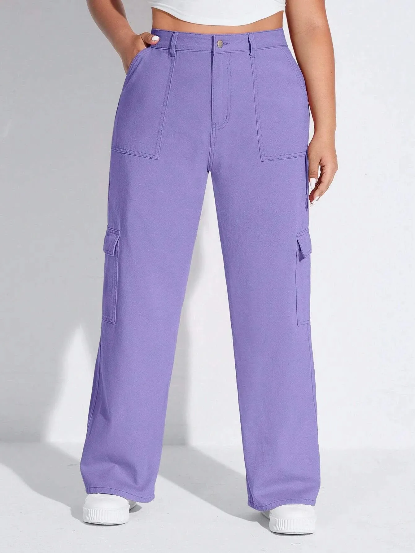 Solid Colored Flap Pocket Cargo Jeans