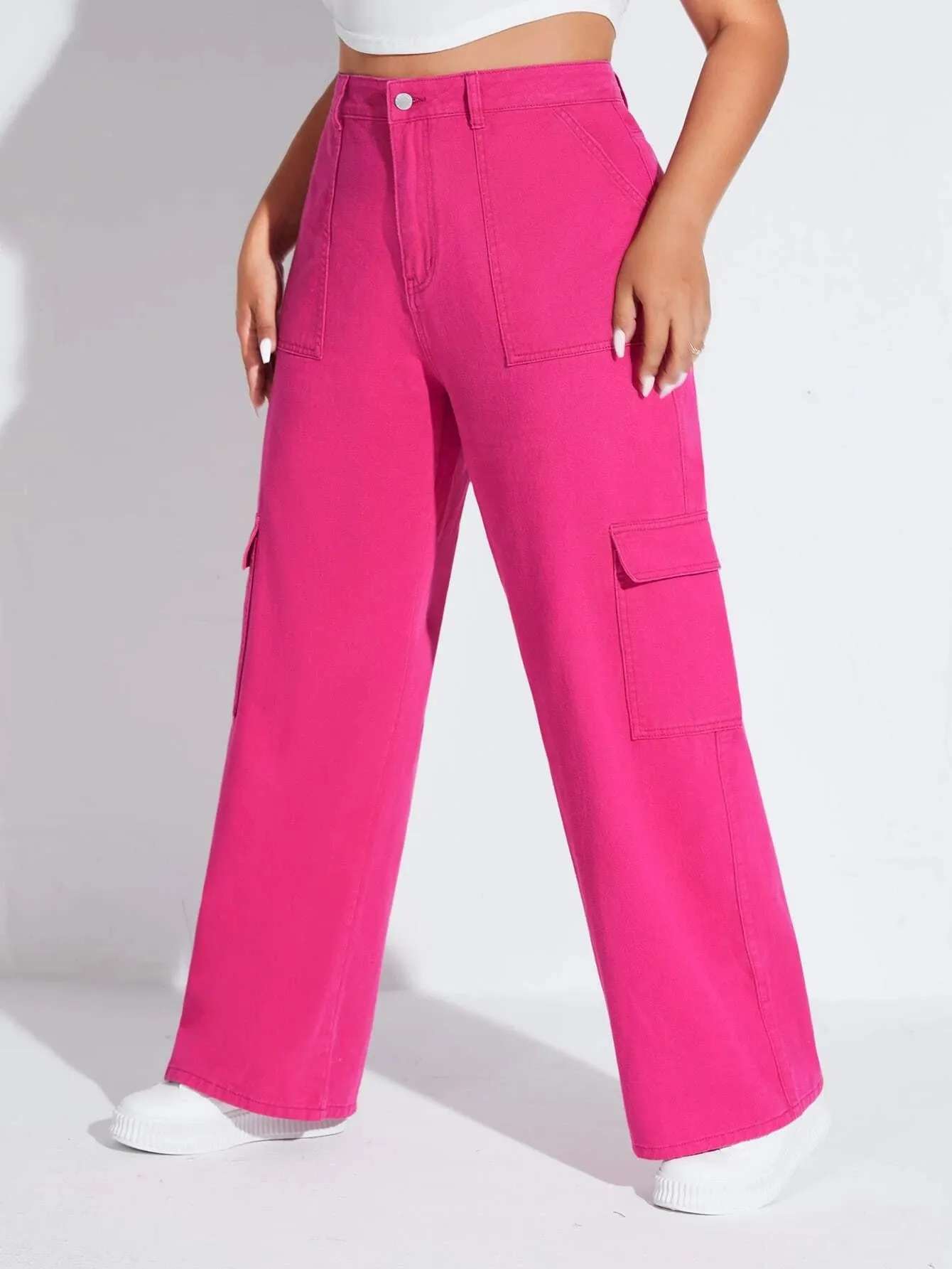 Solid Colored Flap Pocket Cargo Jeans