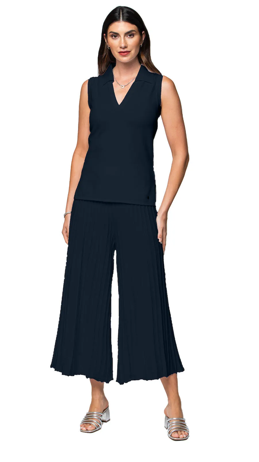 Stella Piquet-Knit Sleeveless Polo Top -  Dark Navy
