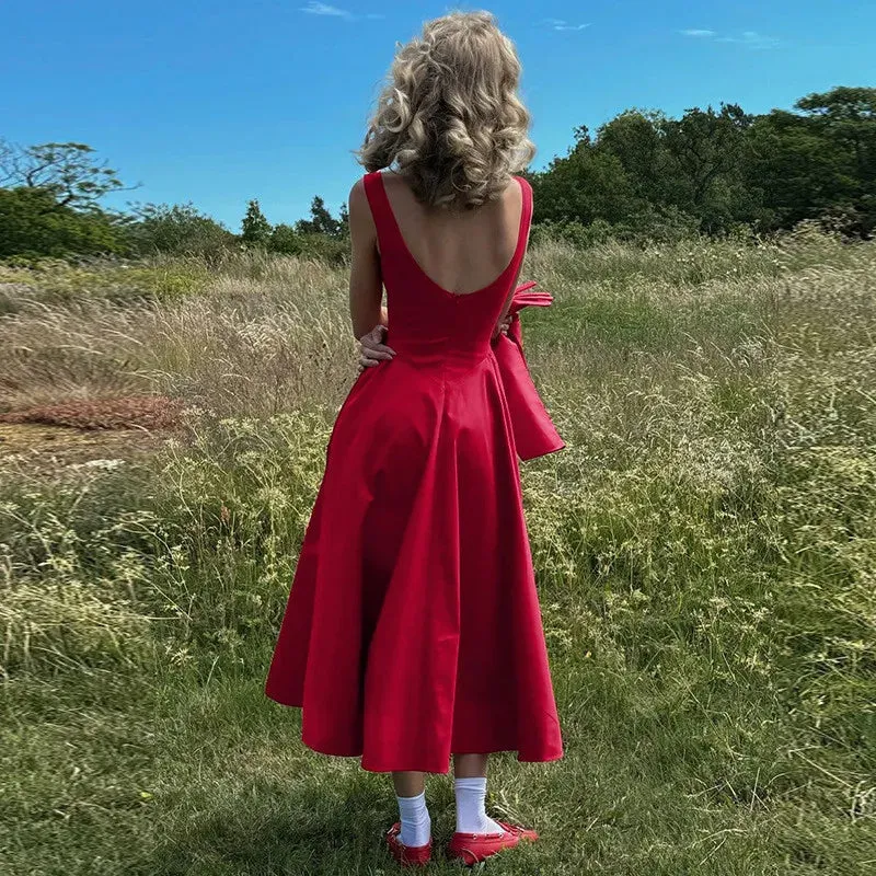 Straight Neck Sleeveless Flare Midi Dress