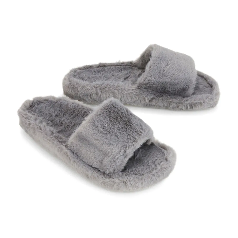 Tally Flat Fluffy Faux Fur Thick Front Strap Slider Women???s Slippers in Pink