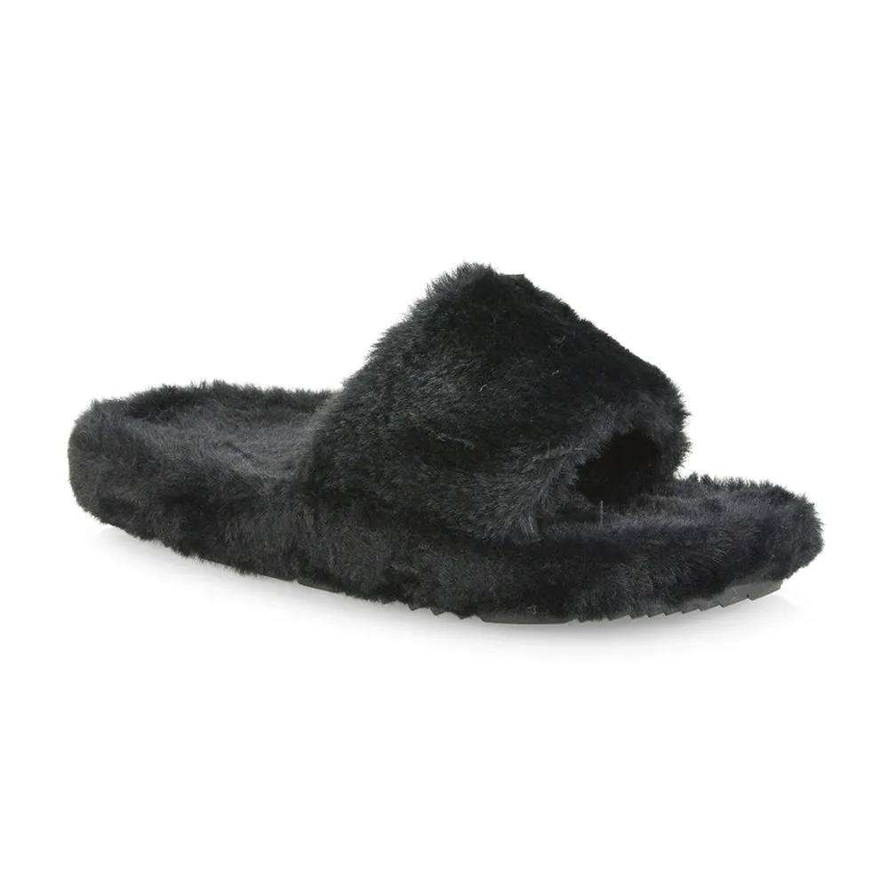 Tally Flat Fluffy Faux Fur Thick Front Strap Slider Women???s Slippers in Pink
