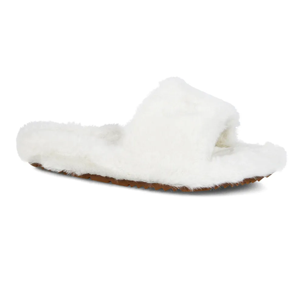 Tally Flat Fluffy Faux Fur Thick Front Strap Slider Women???s Slippers in Pink