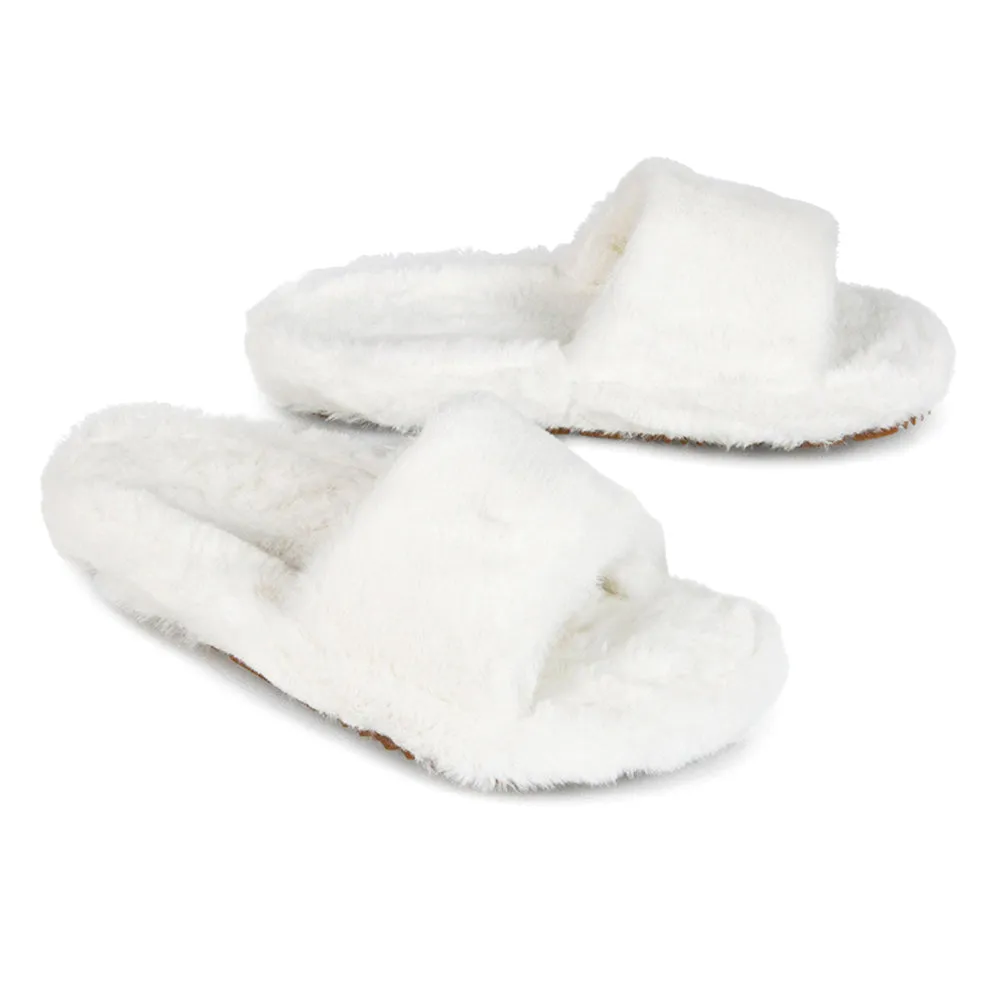 Tally Flat Fluffy Faux Fur Thick Front Strap Slider Women???s Slippers in Pink