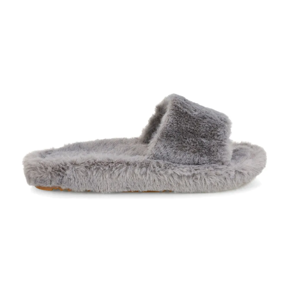 Tally Flat Fluffy Faux Fur Thick Front Strap Slider Women???s Slippers in Pink