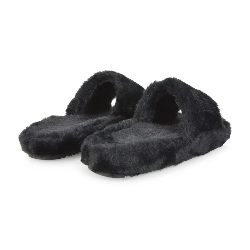 Tally Flat Fluffy Faux Fur Thick Front Strap Slider Women???s Slippers in Pink