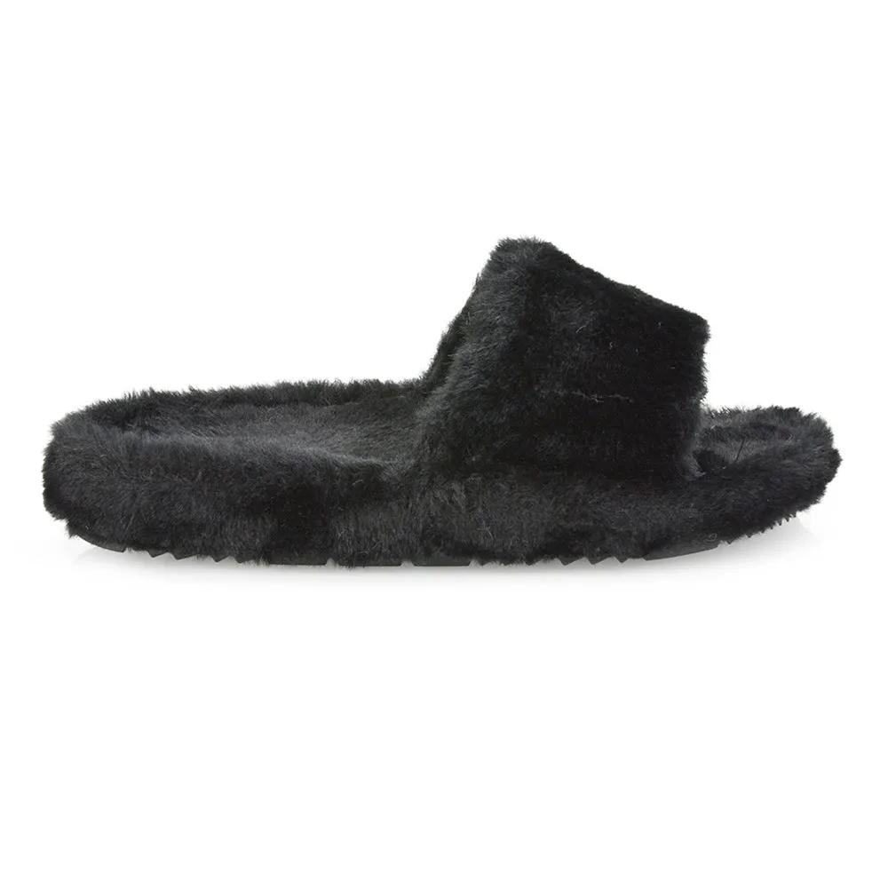 Tally Flat Fluffy Faux Fur Thick Front Strap Slider Women???s Slippers in Pink
