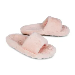 Tally Flat Fluffy Faux Fur Thick Front Strap Slider Women???s Slippers in Pink
