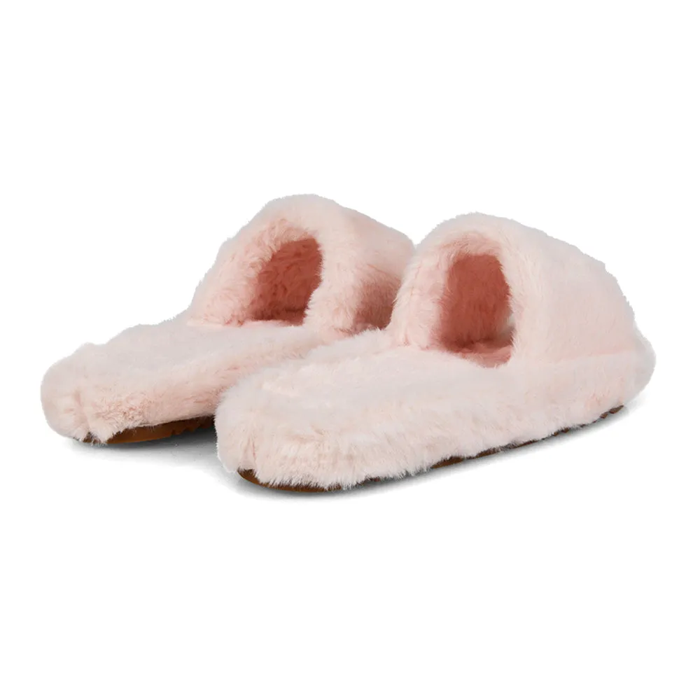 Tally Flat Fluffy Faux Fur Thick Front Strap Slider Women???s Slippers in Pink
