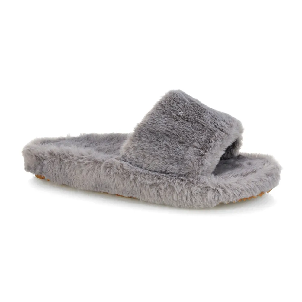 Tally Flat Fluffy Faux Fur Thick Front Strap Slider Women???s Slippers in Pink