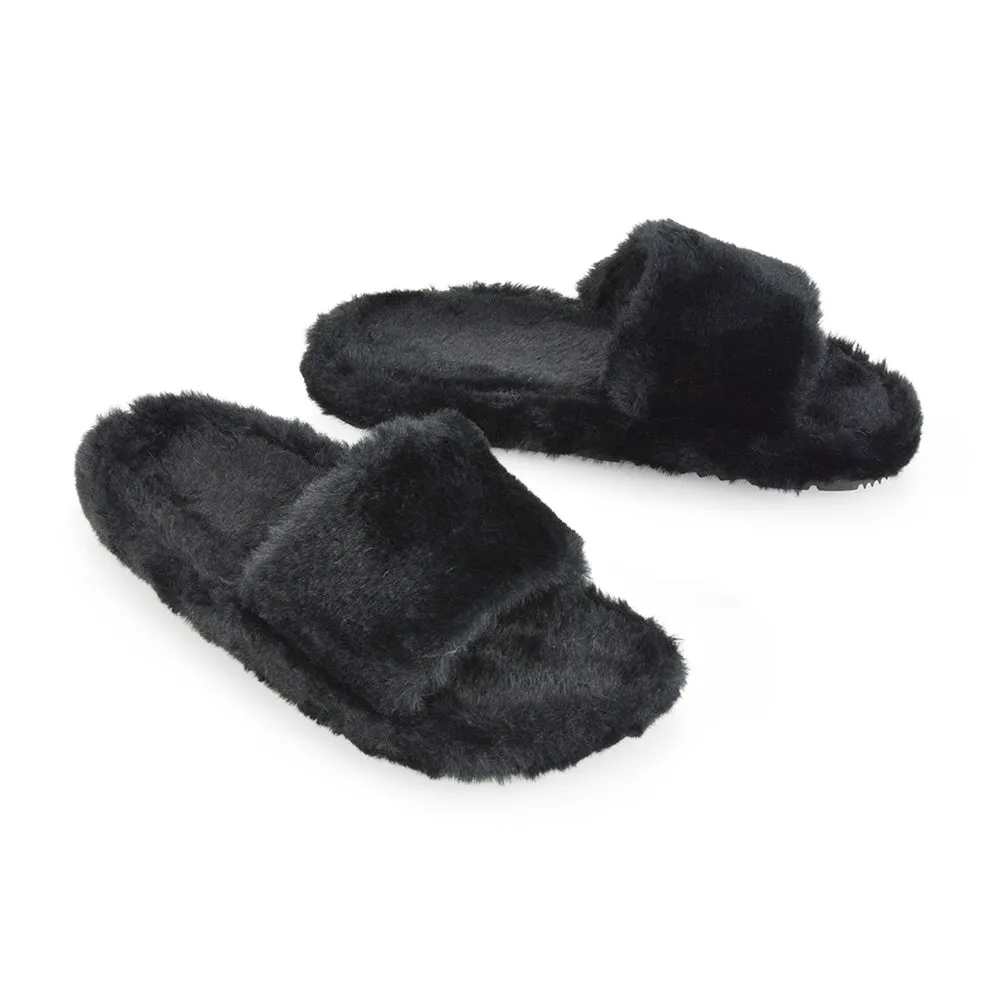 Tally Flat Fluffy Faux Fur Thick Front Strap Slider Women???s Slippers in Pink