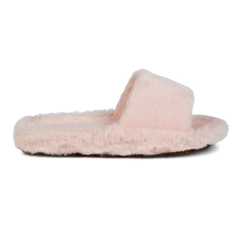 Tally Flat Fluffy Faux Fur Thick Front Strap Slider Women???s Slippers in Pink