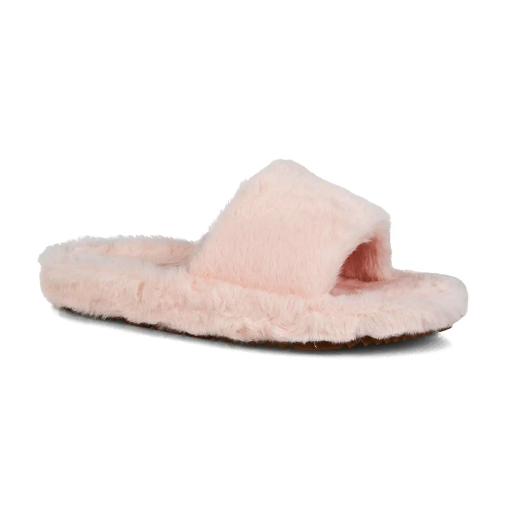 Tally Flat Fluffy Faux Fur Thick Front Strap Slider Women???s Slippers in Pink
