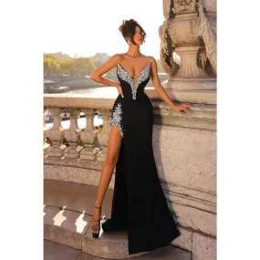 V-neck Beaded Black Satin Pleats Long Prom Dress with Slit Evening Gowns
