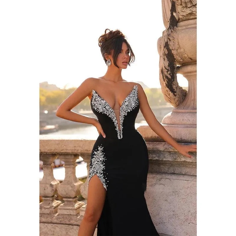 V-neck Beaded Black Satin Pleats Long Prom Dress with Slit Evening Gowns