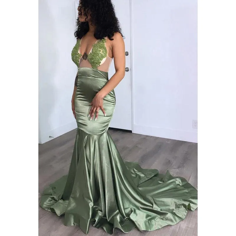 V-Neck Sleeveless Appliqued Sheer Tulle Mermaid Long Prom Evening Dress