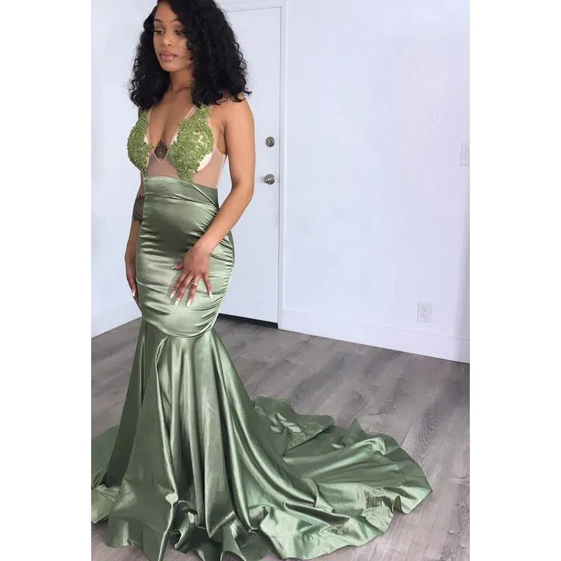 V-Neck Sleeveless Appliqued Sheer Tulle Mermaid Long Prom Evening Dress