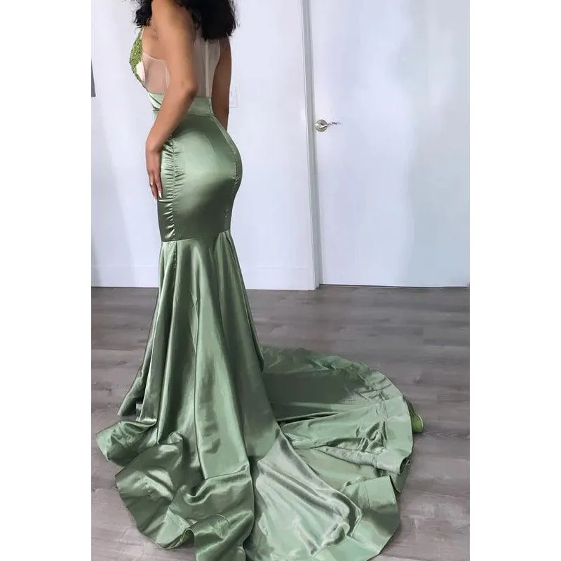 V-Neck Sleeveless Appliqued Sheer Tulle Mermaid Long Prom Evening Dress