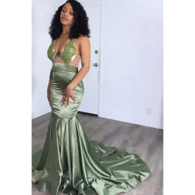 V-Neck Sleeveless Appliqued Sheer Tulle Mermaid Long Prom Evening Dress