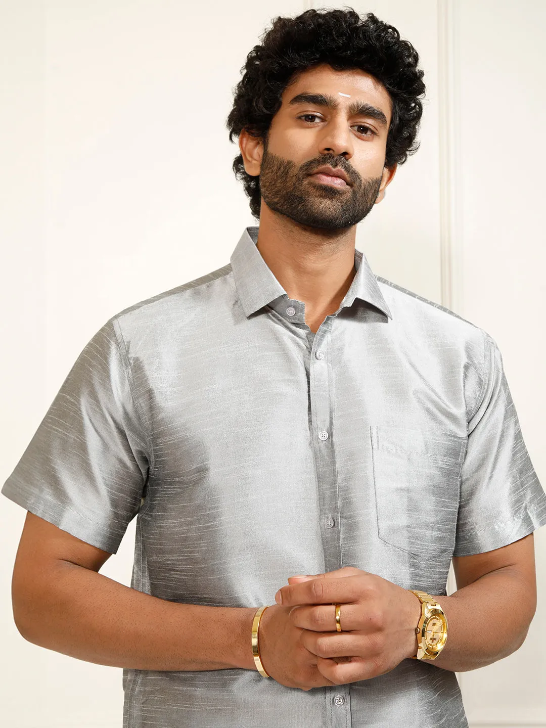 VM By VASTRAMAY Men's Grey Silk Blend Ethnic Shirt