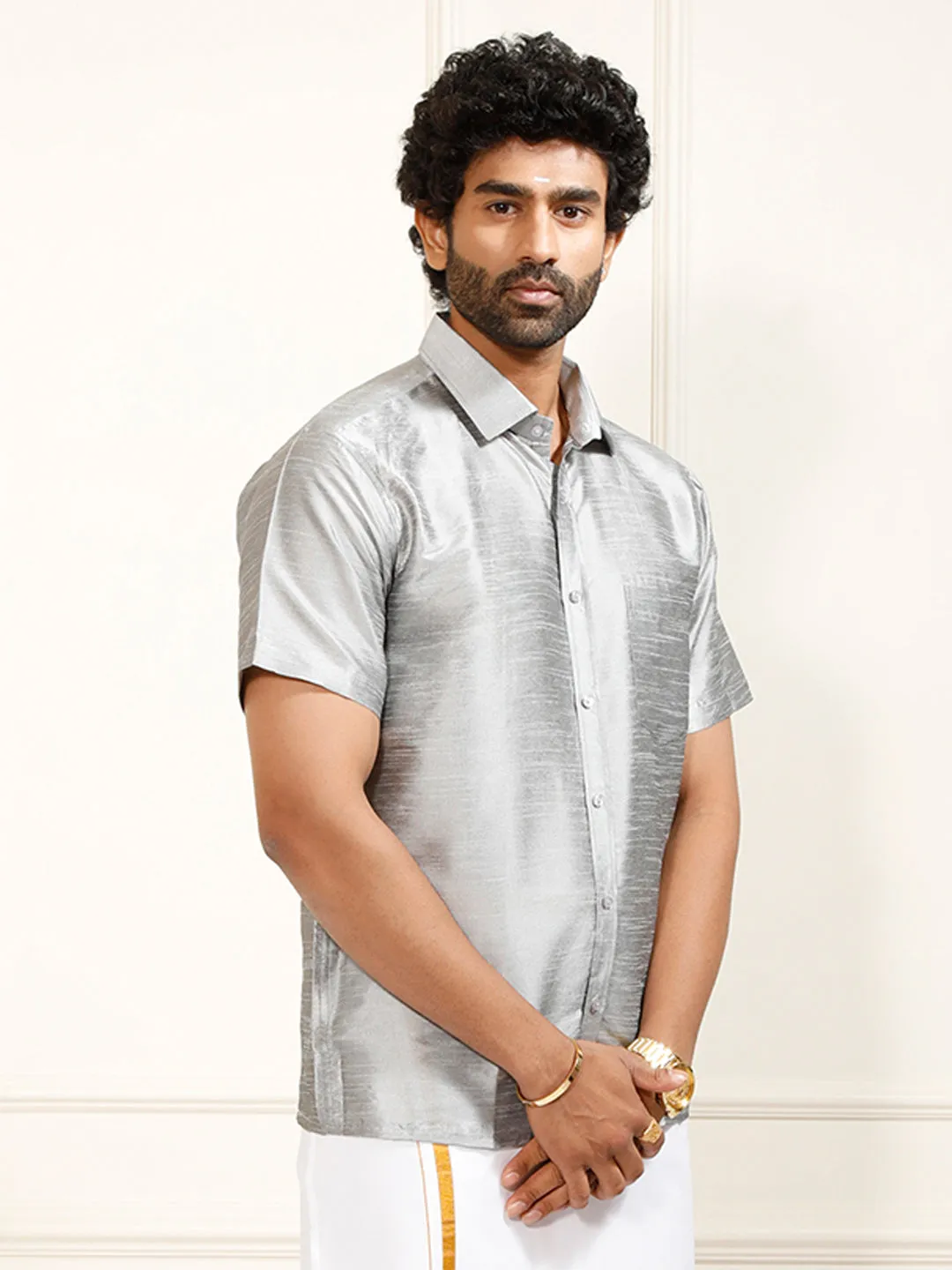 VM By VASTRAMAY Men's Grey Silk Blend Ethnic Shirt