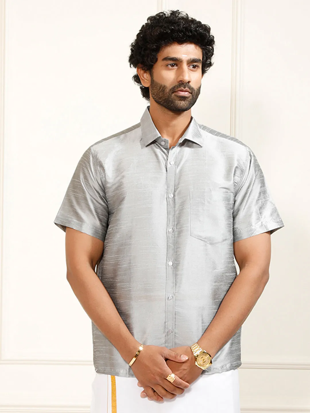 VM By VASTRAMAY Men's Grey Silk Blend Ethnic Shirt