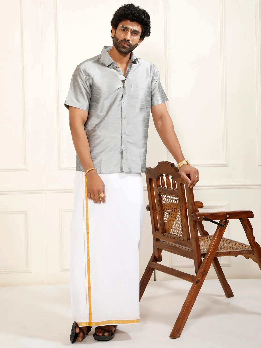 VM By VASTRAMAY Men's Grey Silk Blend Ethnic Shirt